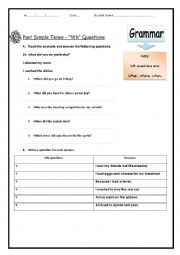 English Worksheet: past tense, wh questions