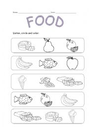 English Worksheet: FOOD_listen, circle and color