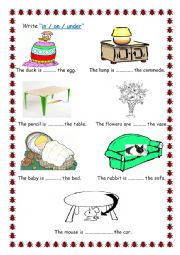 English Worksheet: in / on / under