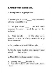 English Worksheet: 8. Phrasal Verbs Stand & Take.