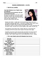 English Worksheet: Reading on a famous singer / Amy Winehouse