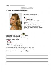 English Worksheet: Writing on a celebrity : Beyonce
