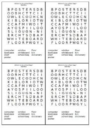 English Worksheet: Where is my schoolbag? Seek-a-word