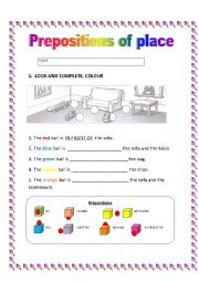 English Worksheet: Prepositions of place and colors