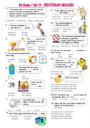 English Worksheet: 8th grades Precationary Measures & so that & in case