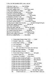 English Worksheet: present perfect since-for