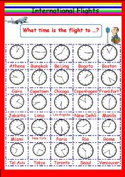 English Worksheet: Intl Flights Time Telling Game