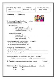 English Worksheet: mid term test n1 9th form