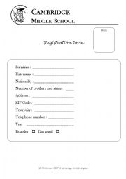 English Worksheet: School Registration Form 