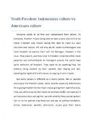 English Worksheet: Youth Freedom: Indonesians culture vs. Americans culture