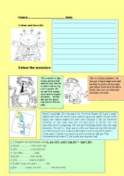 English Worksheet: Parts of the body and colors with monsters