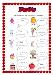 English Worksheet: Food - YLE Starters format - unscramble the words