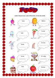 English Worksheet: Food - YLE Starters format - unscramble the words