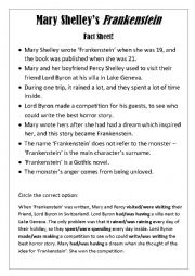 English Worksheet: Mary Shelley Frankenstein Fact Sheet