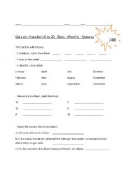 English Worksheet: Quiz on Numbers, days, months, seasons