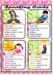 English Worksheet: SPEAKING CARDS (1) / Personal Information about some girls (2 PAGES)