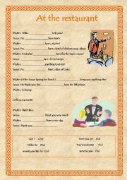 English Worksheet: At the restarant - dialogue