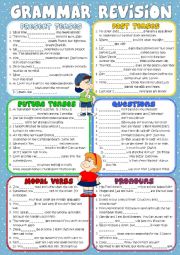 English Worksheet: Grammar revision *Present, Past, Future Tenses, Questions, Modal Verbs, Pronouns* (Greyscale + KEY included)