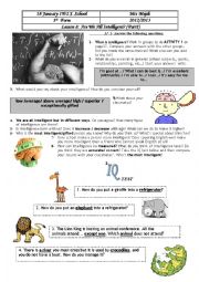 English Worksheet: Are weall intelligent? Lesson 8 First Form (Part 1)