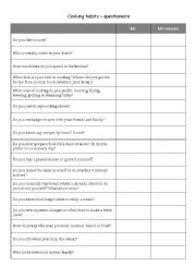 English Worksheet: Cooking habits  questionaire  SPEAKING