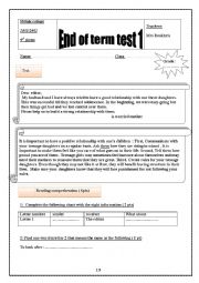 English Worksheet:  9th form end of term test 1 