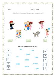 English Worksheet: matching numbers,alphabet and verb to be