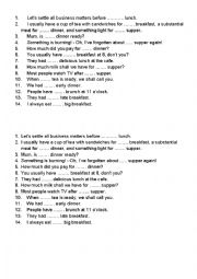 English Worksheet: articles with meals