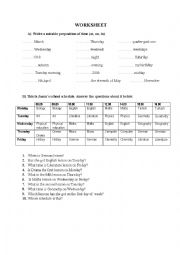 A worksheet on prepositions of time