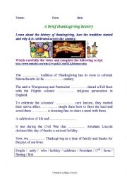 English Worksheet: A BRIEF HISTORY OF THANKSGIVING 