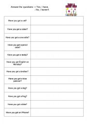 English Worksheet: Have you got...? Short answers