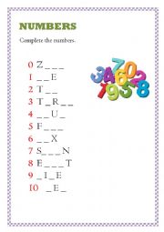English Worksheet: Complete the numbers
