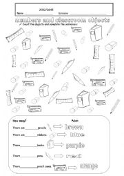 English Worksheet: Classroom objects and numbers