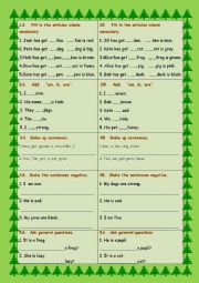 English Worksheet: Test: 2 variants, articles, to be, general quest., negative 