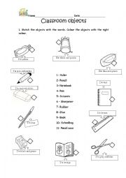 English Worksheet: classroom objects and colours