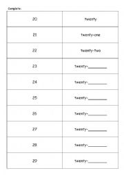 Numbers from 20 to 29