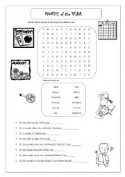 English Worksheet: Months of the year -a wordsearch and a hangman-type task 