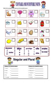 English Worksheet: Countable and Uncountable Nouns and Singular and Plural Nouns
