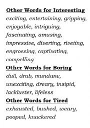 English Worksheet: Synonyms for interesting, boring and tired poster