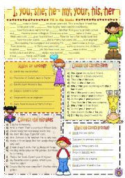 English Worksheet: Possessives: I, you, he, she vs my, your, his, her