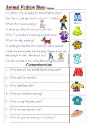 English Worksheet: Animal Fashion Show: dialogue, comprehension and puzzle in colour and grayscale 
