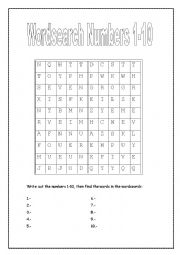 Wordsearch Numbers 1-10