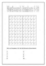 English Worksheet: Wordsearch Numbers 1-10