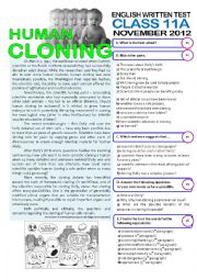 English Worksheet: 2page TEST (11 grade) HUMAN CLONING (key included)