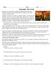 English Worksheet: Alexander the Great Reading Comprehension and Greek Post Card