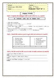English Worksheet: Full-Term Test N1