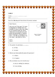 English Worksheet: reading a postcard