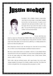 English Worksheet: Justin Bieber reading comprehension