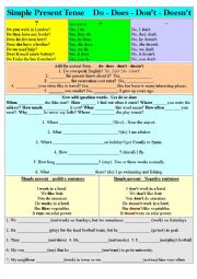 English Worksheet: Simple Present - Do - Does - Dont - Doesnt