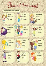 English Worksheet: Musical Instrument + Key