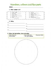 English Worksheet: Numbers, colours and face parts